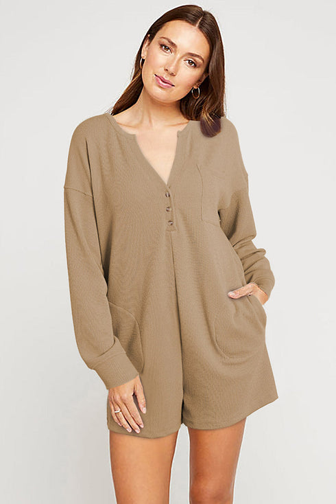 Brushed Ribbed Button Split V Neck Long Sleeve Romper